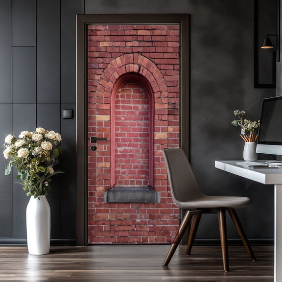 Door Stickers Peel and Stick Door Mural Red Brick Arched Window Stone Sill Removable Wallpaper 30.3''x78.7'' Self-Adhesive Mural for Kitchen Living Room Bedroom Decor