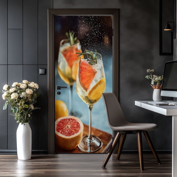 Door Stickers Peel and Stick Door Mural Red white wine glasses rosemary Lemon Fruit Removable Wallpaper 30.3''x78.7'' Self-Adhesive Mural for Kitchen Living Room Bedroom Decor