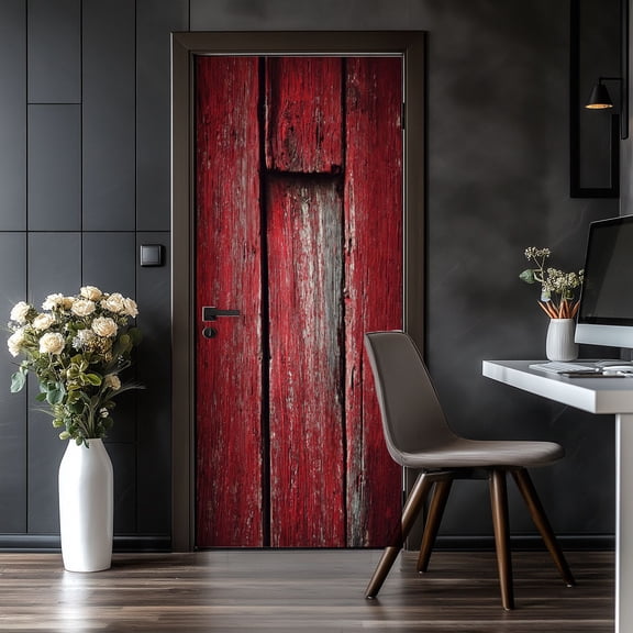 Door Stickers Peel and Stick Door Mural Red wooden vertical panels Removable Wallpaper 30.3''x78.7'' Self-Adhesive Mural for Kitchen Living Room Bedroom Decor