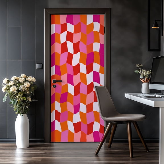 Door Stickers Peel and Stick Door Mural Retro Groovy Wavy Psychedelic Checkerboard Check Removable Wallpaper 30.3''x78.7'' Self-Adhesive Mural for Kitchen Living Room Bedroom Decor