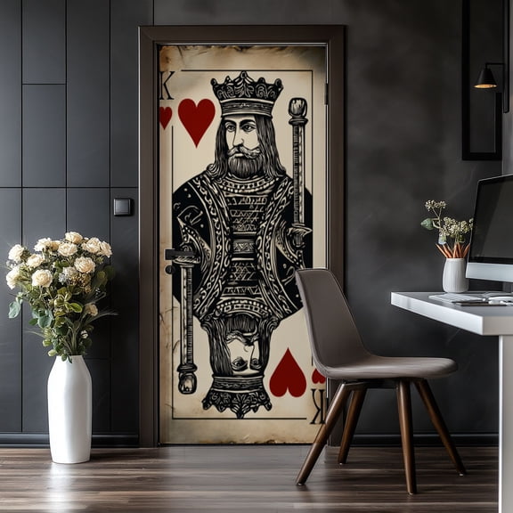 Door Stickers Peel and Stick Door Mural Retro Playing King Red Heart Boys Living Room Removable Wallpaper 30.3''x78.7'' Self-Adhesive Mural for Kitchen Living Room Bedroom Decor