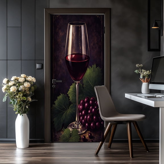 Door Stickers Peel and Stick Door Mural Retro Red Wine Grape Barrel Food Painting Red Wine Removable Wallpaper 30.3''x78.7'' Self-Adhesive Mural for Kitchen Living Room Bedroom Decor