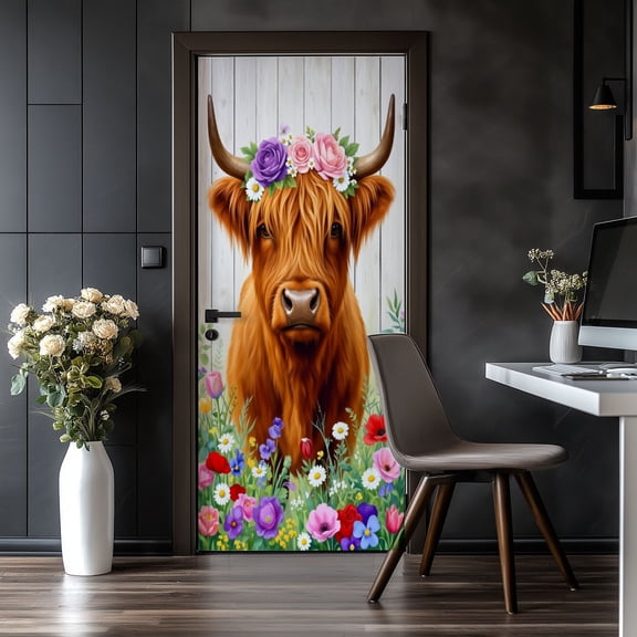 Door Stickers Peel and Stick Door Mural Rustic Farmhouse Floral Spring Cow Scottish Removable Wallpaper 30.3''x78.7'' Self-Adhesive Mural for Kitchen Living Room Bedroom Decor