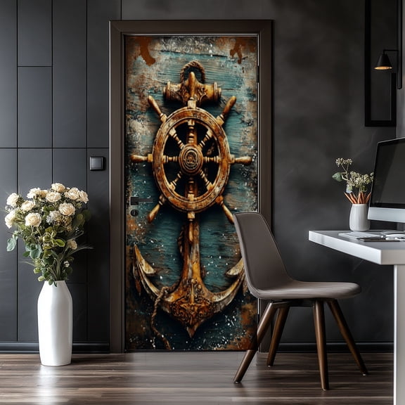 Door Stickers Peel and Stick Door Mural Rustic Ship Wheel Anchor Rope Grungy Blue Nautical Removable Wallpaper 30.3''x78.7'' Self-Adhesive Mural for Kitchen Living Room Bedroom Decor