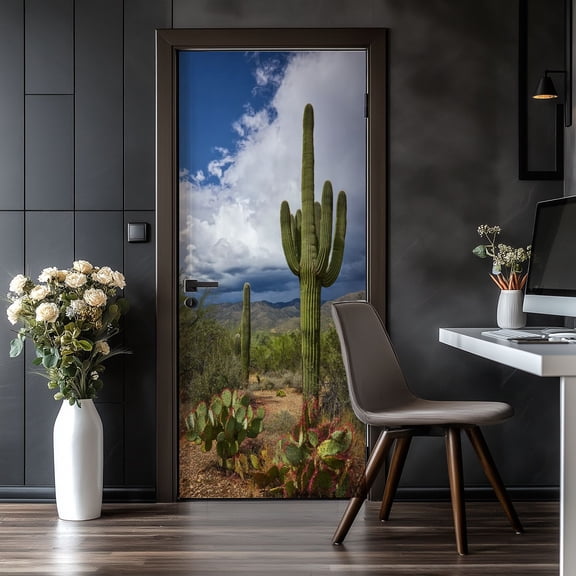Door Stickers Peel and Stick Door Mural Saguaro cactus Landscape Scenery desert Removable Wallpaper 30.3''x78.7'' Self-Adhesive Mural for Kitchen Living Room Bedroom Decor