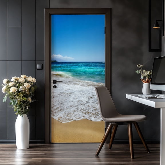 Door Stickers Peel and Stick Door Mural Sand Surf Hawaiian Beach Coastline coastal Removable Wallpaper 30.3''x78.7'' Self-Adhesive Mural for Kitchen Living Room Bedroom Decor