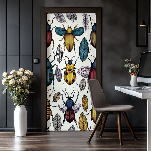 Door Stickers Peel and Stick Door Mural Seamless Bright insects geometric Removable Wallpaper 30.3''x78.7'' Self-Adhesive Mural for Kitchen Living Room Bedroom Decor