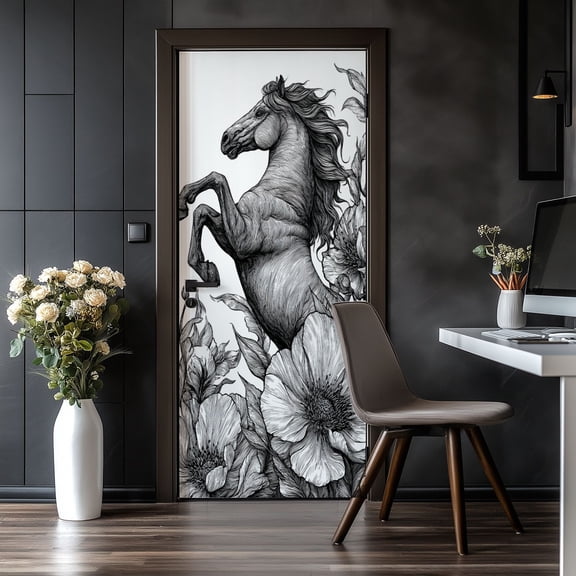 Door Stickers Peel and Stick Door Mural Seamless Running White Horses Peony Anemone Removable Wallpaper 30.3''x78.7'' Self-Adhesive Mural for Kitchen Living Room Bedroom Decor