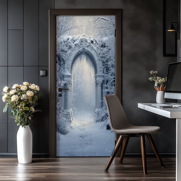 Door Stickers Peel and Stick Door Mural Snowy Winter Archway Icicles Frozen Forest Removable Wallpaper 30.3''x78.7'' Self-Adhesive Mural for Kitchen Living Room Bedroom Decor