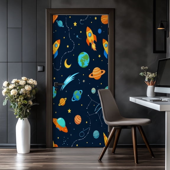 Door Stickers Peel and Stick Door Mural Space theme Solar system kids cartoon planet Rocket Removable Wallpaper 30.3''x78.7'' Self-Adhesive Mural for Kitchen Living Room Bedroom Decor