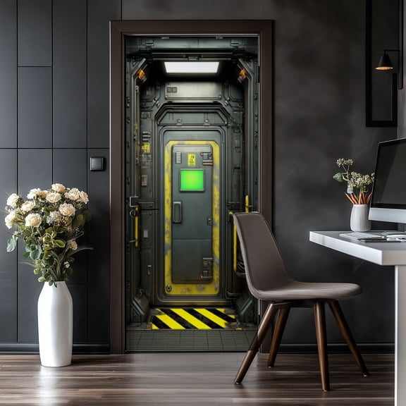 Door Stickers Peel and Stick Door Mural Spaceship Corridor Decal Futuristic Industrial Techno Removable Wallpaper 30.3''x78.7'' Self-Adhesive Mural for Kitchen Living Room Bedroom Decor