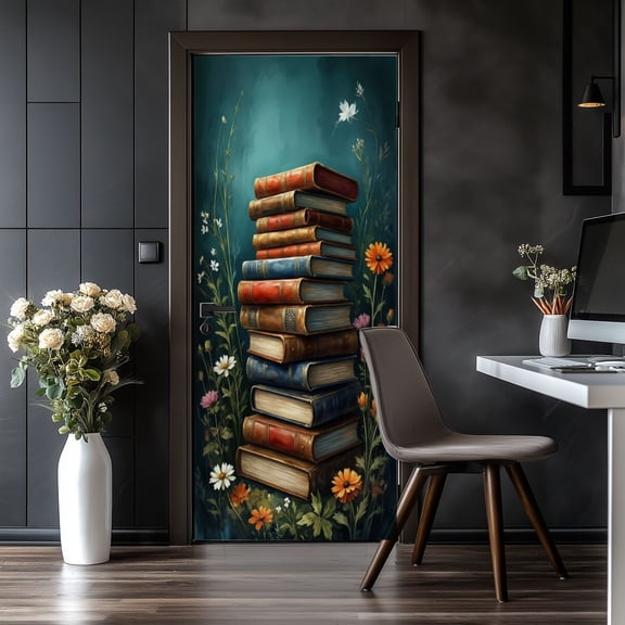 Door Stickers Peel and Stick Door Mural Stack Antique Books Bookworm Gifts Colorful Removable Wallpaper 30.3''x78.7'' Self-Adhesive Mural for Kitchen Living Room Bedroom Decor