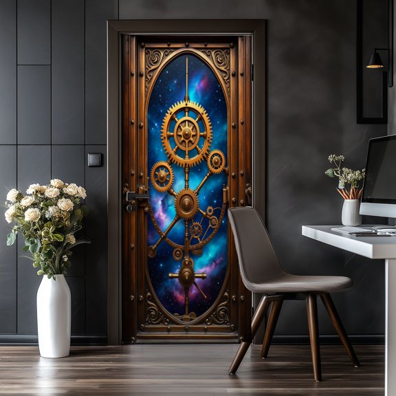 Door Stickers Peel and Stick Door Mural Steampunk Mechanical Gears Cosmic Galaxy Factory Removable Wallpaper 30.3''x78.7'' Self-Adhesive Mural for Kitchen Living Room Bedroom Decor