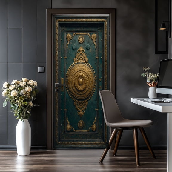 Door Stickers Peel and Stick Door Mural Steampunk Mechanical Lock Door Brass Gears Teal Removable Wallpaper 30.3''x78.7'' Self-Adhesive Mural for Kitchen Living Room Bedroom Decor