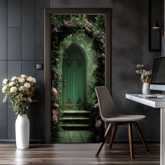 Door Stickers Peel and Stick Door Mural Stone Archway Magic Doors Pink Rose Fairytale Forest Removable Wallpaper 30.3''x78.7'' Self-Adhesive Mural for Kitchen Living Room Bedroom Decor
