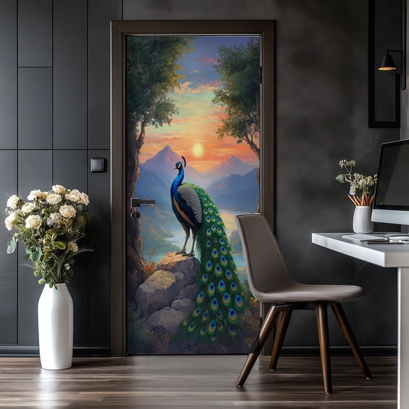 Door Stickers Peel and Stick Door Mural Summer Decor Peacock Vibrant Sunset Landscape Mountains Removable Wallpaper 30.3''x78.7'' Self-Adhesive Mural for Kitchen Bathroom Bedroom Decor