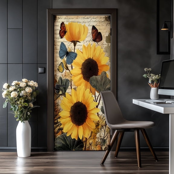 Door Stickers Peel and Stick Door Mural Sunflower Fall Farmhouse Flowers Butterfly Floral Removable Wallpaper 30.3''x78.7'' Self-Adhesive Mural for Kitchen Living Room Bedroom Decor