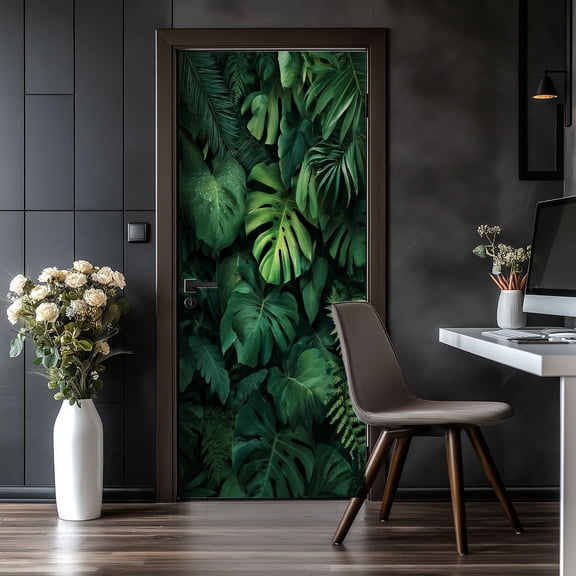 Door Stickers Peel and Stick Door Mural Tropical Plant Green Leaves Removable Monstera Removable Wallpaper 30.3''x78.7'' Self-Adhesive Mural for Kitchen Living Room Bedroom Decor