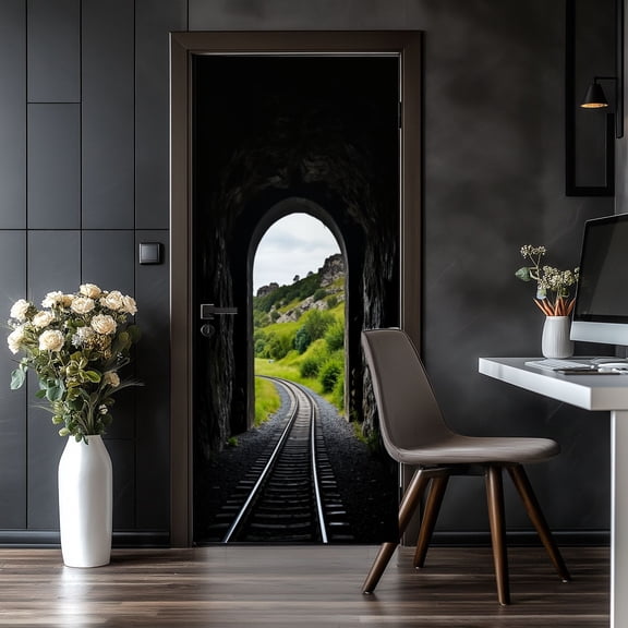 Door Stickers Peel and Stick Door Mural Tunnel Entrance Railway Tracks Leading into Green Removable Wallpaper 30.3''x78.7'' Self-Adhesive Mural for Kitchen Living Room Bedroom Decor