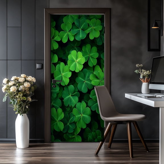 Door Stickers Peel and Stick Door Mural Vibrant Green Clover Leaves Natural Removable Wallpaper 30.3''x78.7'' Self-Adhesive Mural for Kitchen Living Room Bedroom Decor