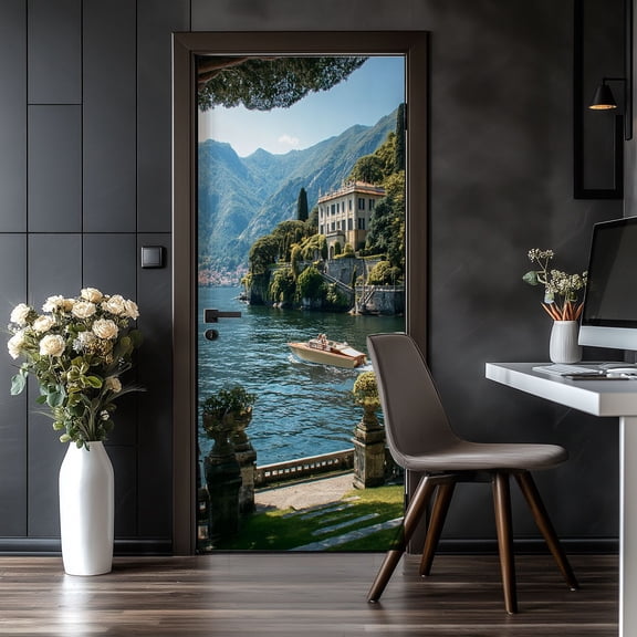 Door Stickers Peel and Stick Door Mural Views Lake Italy Luxury Nautical Landscape Scenery Removable Wallpaper 30.3''x78.7'' Self-Adhesive Mural for Kitchen Living Room Bedroom Decor