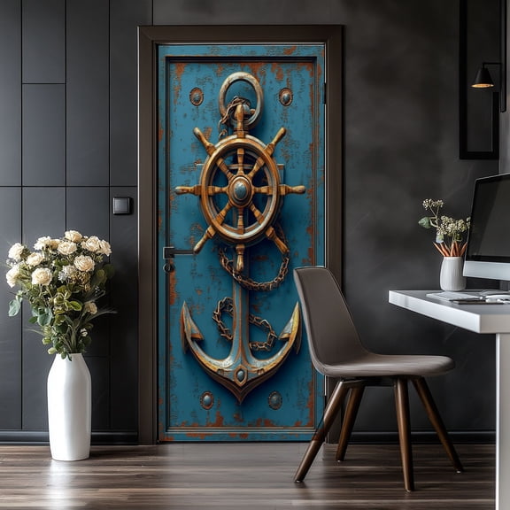 Door Stickers Peel and Stick Door Mural Vintage Nautical Steering Wheel Anchor Rusted Removable Wallpaper 30.3''x78.7'' Self-Adhesive Mural for Kitchen Living Room Bedroom Decor