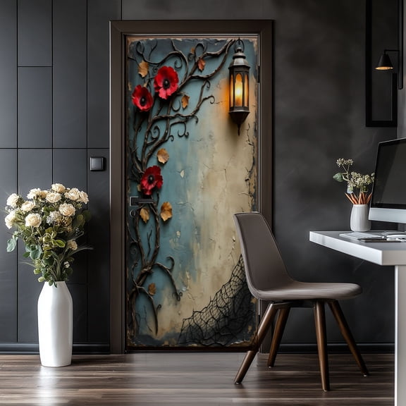 Door Stickers Peel and Stick Door Mural Vintage Wall Art Red Twisting Vines Lantern Rustic Removable Wallpaper 30.3''x78.7'' Self-Adhesive Mural for Kitchen Living Room Bedroom Decor