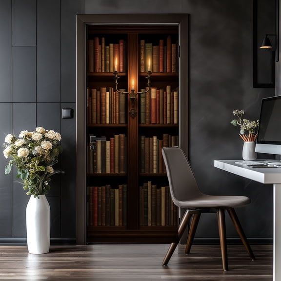 Door Stickers Peel and Stick Door Mural Vintage Wooden Bookshelf Antique Bookworm Gifts Books Removable Wallpaper 30.3''x78.7'' Self-Adhesive Mural for Kitchen Living Room Bedroom Decor