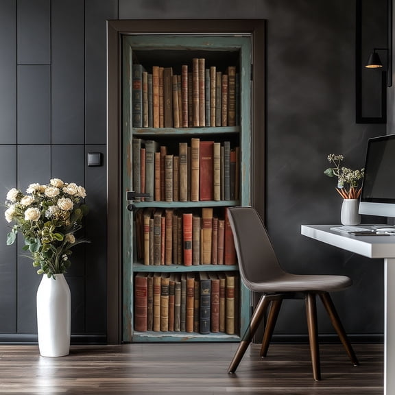 Door Stickers Peel and Stick Door Mural Vintage Wooden Bookshelf Bookworm Gifts Antique Removable Wallpaper 30.3''x78.7'' Self-Adhesive Mural for Kitchen Living Room Bedroom Decor