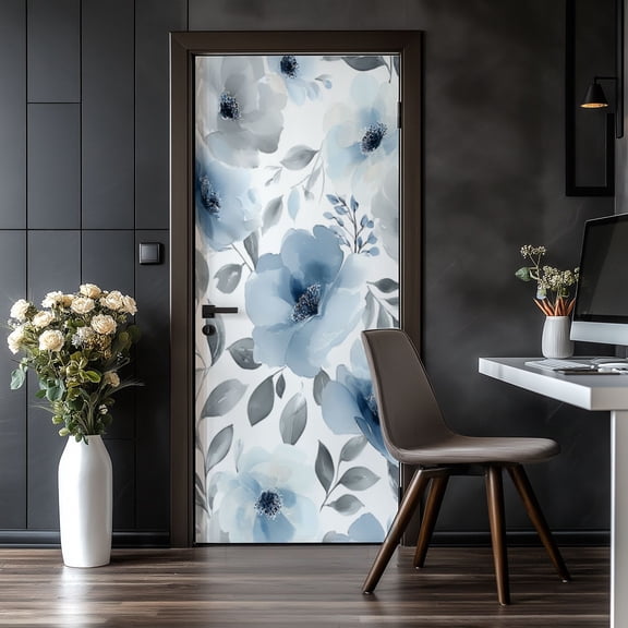 Door Stickers Peel and Stick Door Mural Watercolor Floral Shades Blue Grey Leaves Removable Wallpaper 30.3''x78.7'' Self-Adhesive Mural for Kitchen Living Room Bedroom Decor