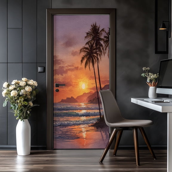 Door Stickers Peel and Stick Door Mural Watercolor tropical landscape palms ocean orange Removable Wallpaper 30.3''x78.7'' Self-Adhesive Mural for Kitchen Living Room Bedroom Decor