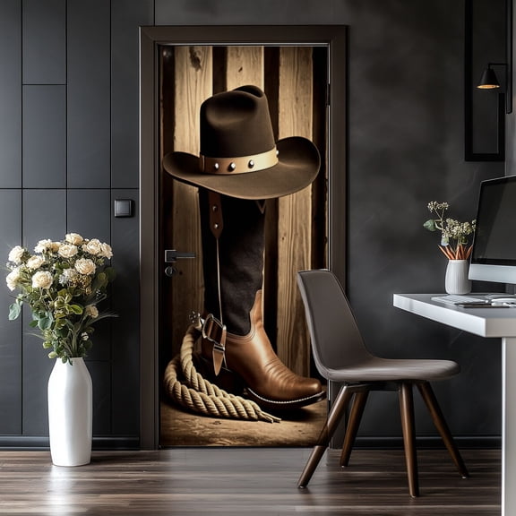 Door Stickers Peel and Stick Door Mural Western Cowboy Mens Farmhouse Rustic Vintage Old Removable Wallpaper 30.3''x78.7'' Self-Adhesive Mural for Kitchen Living Room Bedroom Decor