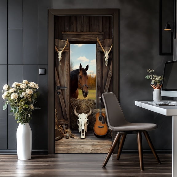 Door Stickers Peel and Stick Door Mural Western Cowboy Wooden Barn House Western Party Removable Wallpaper 30.3''x78.7'' Self-Adhesive Mural for Kitchen Living Room Bedroom Decor