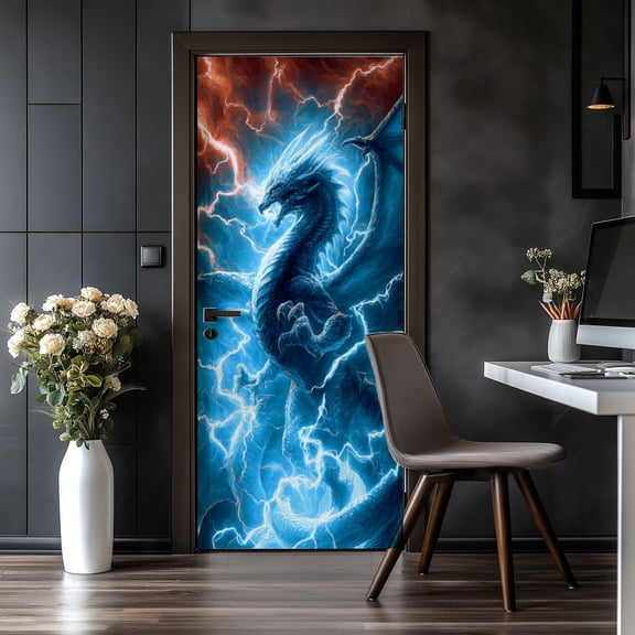 Door Stickers Peel and Stick Door Mural Western Dragon Animal Blue Shiny Blackout Magical Removable Wallpaper 30.3''x78.7'' Self-Adhesive Mural for Kitchen Living Room Bedroom Decor