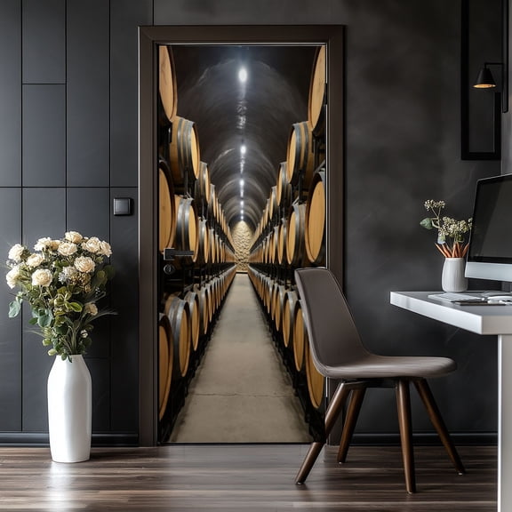Door Stickers Peel and Stick Door Mural Wine Barrel Cellar Tunnel Symmetrical Rows Warm Removable Wallpaper 30.3''x78.7'' Self-Adhesive Mural for Kitchen Living Room Bedroom Decor