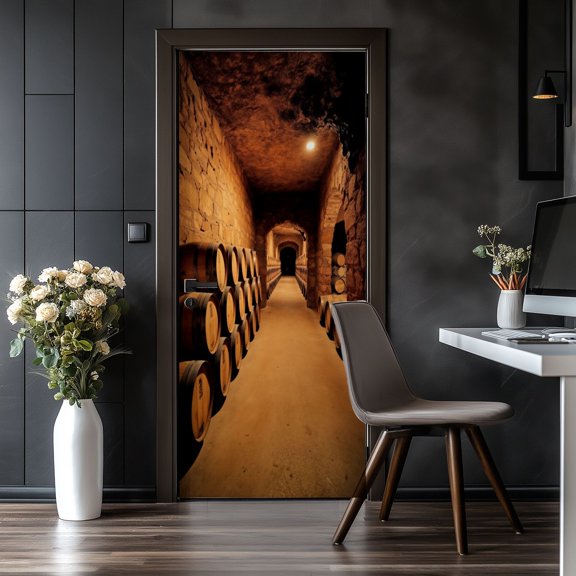 Door Stickers Peel and Stick Door Mural Wine Barrel Storage Rustic Stone Wine Cellar Removable Wallpaper 30.3''x78.7'' Self-Adhesive Mural for Kitchen Living Room Bedroom Decor