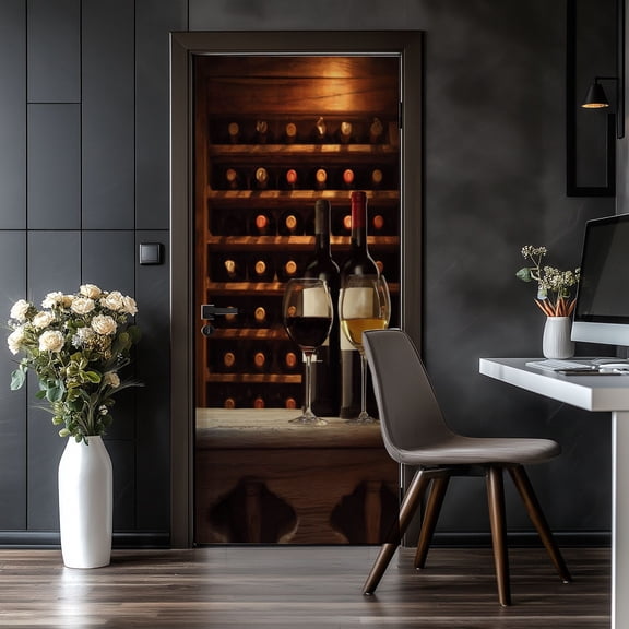 Door Stickers Peel and Stick Door Mural Wine Stemware Cellar Rack Rustic Home Bar Club Removable Wallpaper 30.3''x78.7'' Self-Adhesive Mural for Kitchen Living Room Bedroom Decor