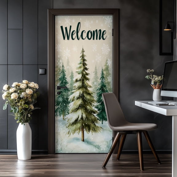 Door Stickers Peel and Stick Door Mural Winter Garden Tree Pine Tree Festive Rustic Removable Wallpaper 30.3''x78.7'' Self-Adhesive Mural for Kitchen Living Room Bedroom Decor