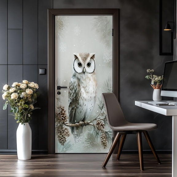 Door Stickers Peel and Stick Door Mural Winter Lodge Owl Snowflakes Pine Branches Cones Removable Wallpaper 30.3''x78.7'' Self-Adhesive Mural for Kitchen Living Room Bedroom Decor