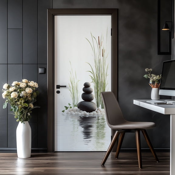 Door Stickers Peel and Stick Door Mural Zen Stone Stacked Stones Water Wild Grass Spa Yoga Removable Wallpaper 30.3''x78.7'' Self-Adhesive Mural for Kitchen Living Room Bedroom Decor