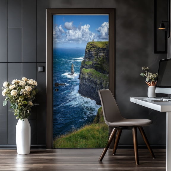 Door Stickers Peel and Stick Door Mural coastal Cliffs Moher Ireland Tower Sea Stack Removable Wallpaper 30.3''x78.7'' Self-Adhesive Mural for Kitchen Living Room Bedroom Decor