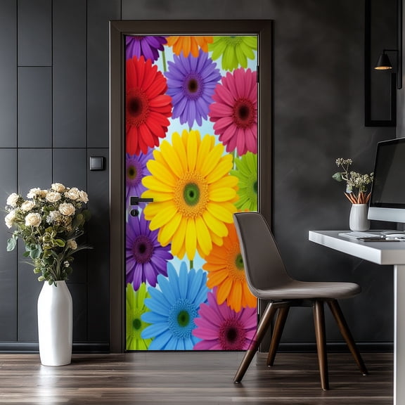 Door Stickers Peel and Stick Door Mural colorful gerbera flowers Colorful Gerbera Daisy Flowers Removable Wallpaper 30.3''x78.7'' Self-Adhesive Mural for Kitchen Living Room Bedroom Decor