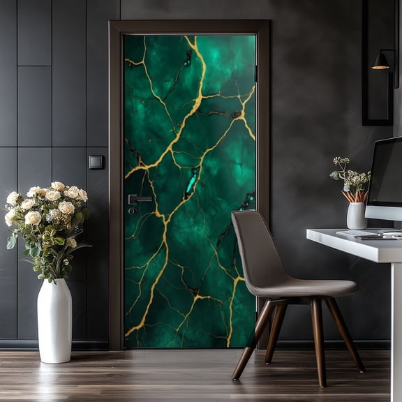 Door Stickers Peel and Stick Door Mural green emerald shine bright gold marble Removable Wallpaper 30.3''x78.7'' Self-Adhesive Mural for Kitchen Living Room Bedroom Decor