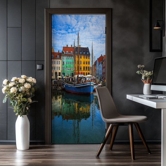 Door Stickers Peel and Stick Door Mural nyhavn harbour copenhagen denmark famous building Removable Wallpaper 30.3''x78.7'' Self-Adhesive Mural for Kitchen Living Room Bedroom Decor