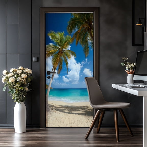 Door Stickers Peel and Stick Door Mural palm trees tropical beach Caribbean coastal Removable Wallpaper 30.3''x78.7'' Self-Adhesive Mural for Kitchen Living Room Bedroom Decor