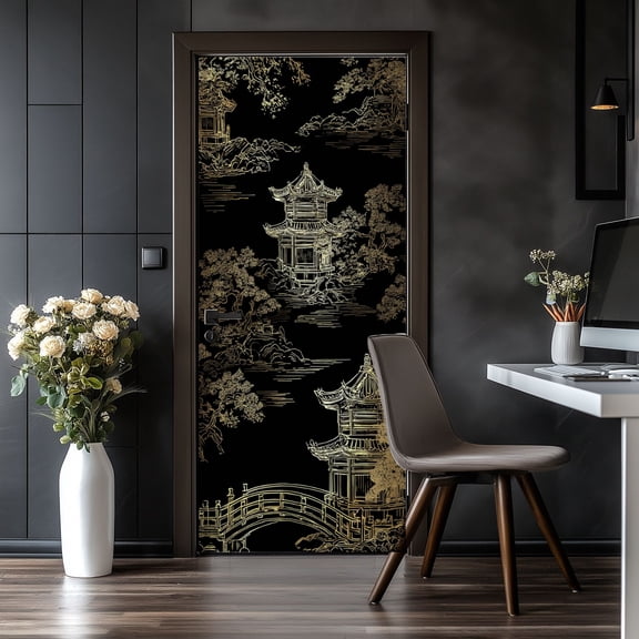 Door Stickers Peel and Stick Door Mural temple building view bridge fish japanese chinese Removable Wallpaper 30.3''x78.7'' Self-Adhesive Mural for Kitchen Living Room Bedroom Decor