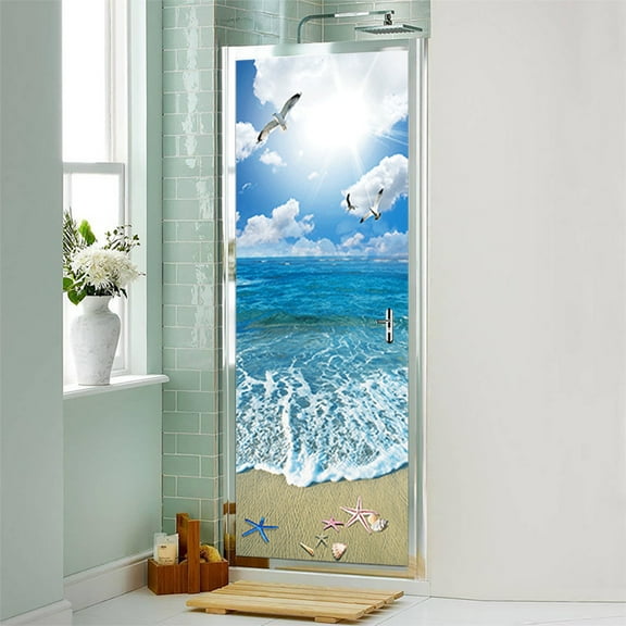 Door Stickers Peel and Stick Ocean Art Decals Door Murals Blue Beach 3D Vinyl Wrap Wallpaper Removable Doors Poster for Home Decor,SP-F562,S(38.5x200cmx2Pcs)