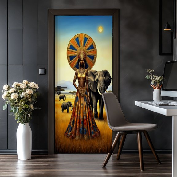 Door Stickers Peel and Stick&nbsp;Door Mural African Orange Attire Elephant Sunset Tribal Removable Wallpaper 30.3''x78.7'' Self-Adhesive Mural for Kitchen&nbsp;Living Room&nbsp;Bedroom Decor