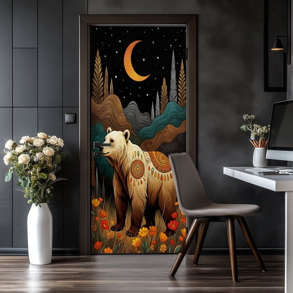 Door Stickers Peel and Stick Door Mural Bear Mandala Patterns Vibrant Nature Scene Rustic Removable Wallpaper 30.3''x78.7'' Self-Adhesive Mural for Kitchen Living Room Bedroom Decor