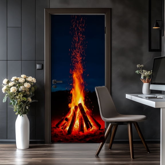 Door Stickers Peel and Stick Door Mural Campfire Blaze Sparks Dark Night Sky Adventure Removable Wallpaper 30.3''x78.7'' Self-Adhesive Mural for Kitchen Living Room Bedroom Decor